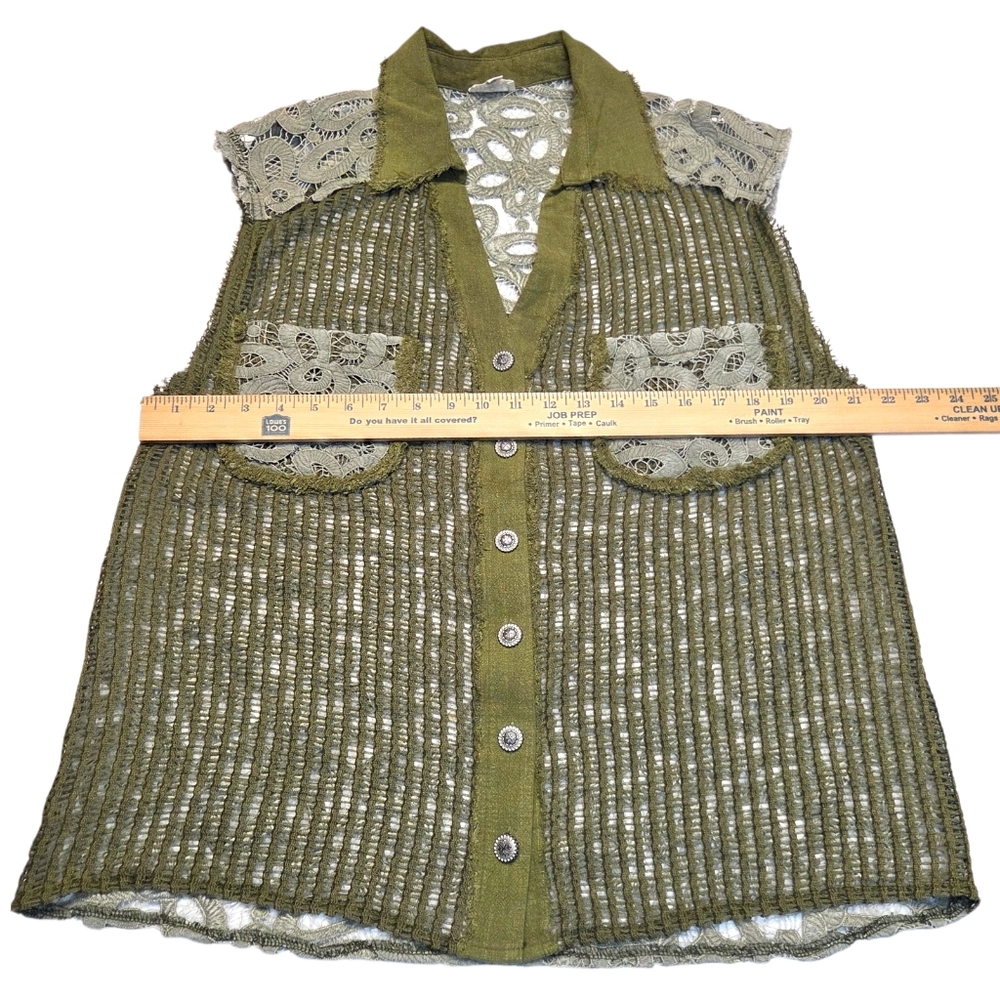 POL Button Down Crochet Patchwork Knit Vest Green… - image 7